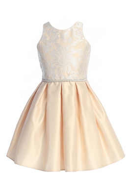 Champagne Lace Over Satin Dress with Rhinestone Waist Trim